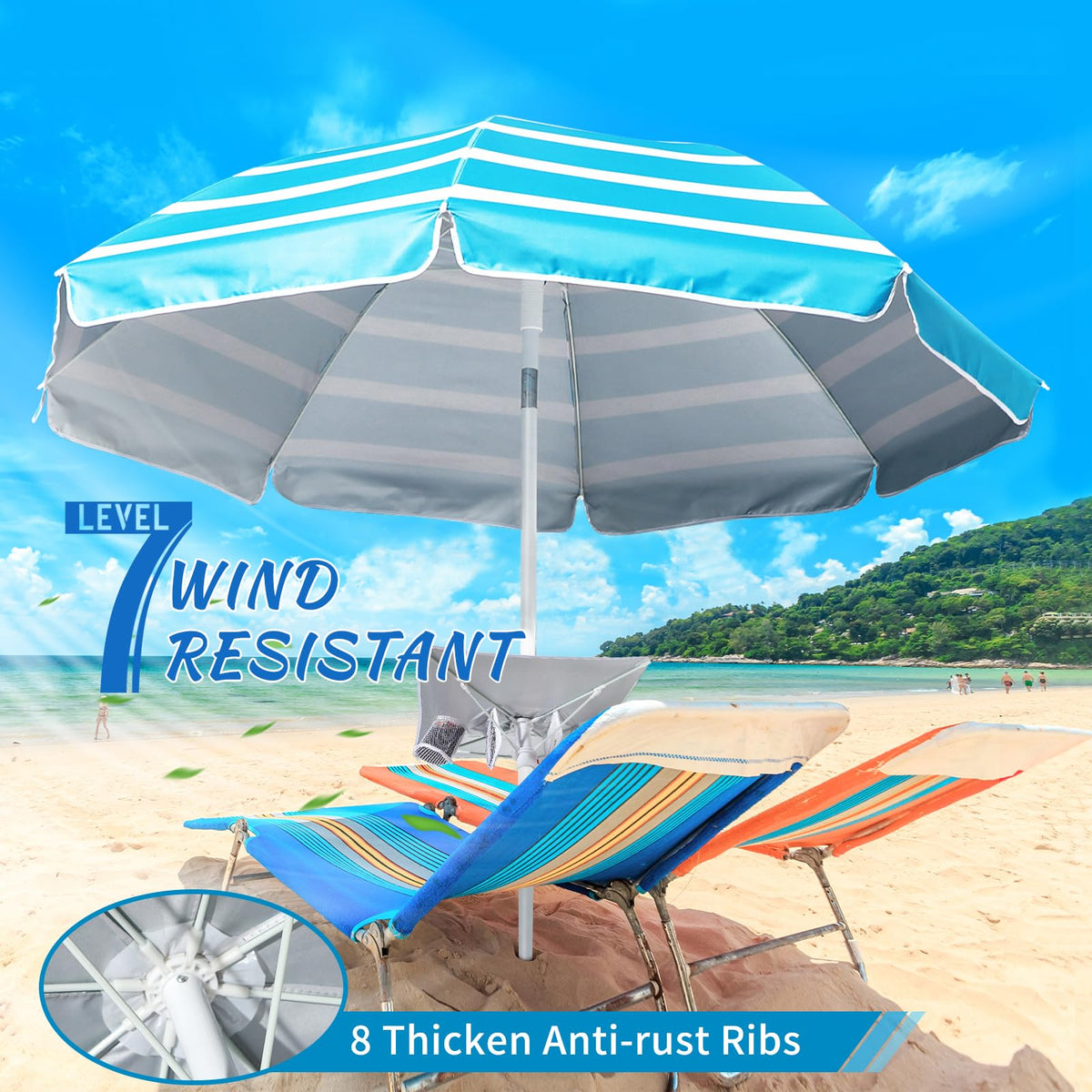 Coclothy Beach Umbrella wind-resistant frame resists gusts for beach stability