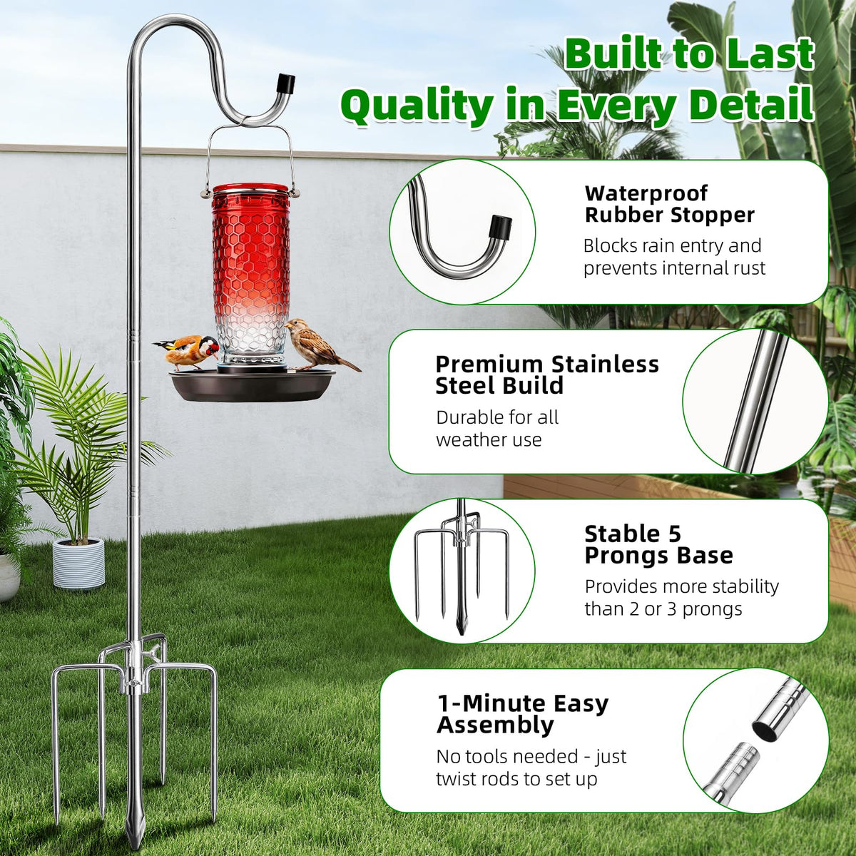 COCONUT Shepherds Hook holding a bird feeder for outdoor dining