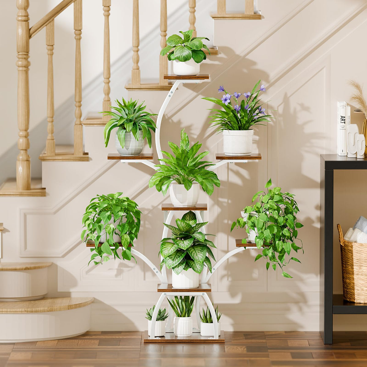 CODACE white indoor plant stand elevates home décor as a nature-inspired centerpiece.