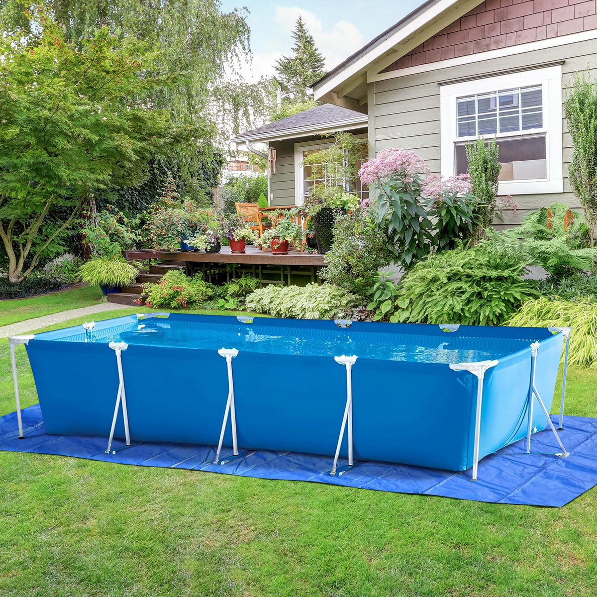 Codree above-ground pool mat with stakes helps secure the liner.