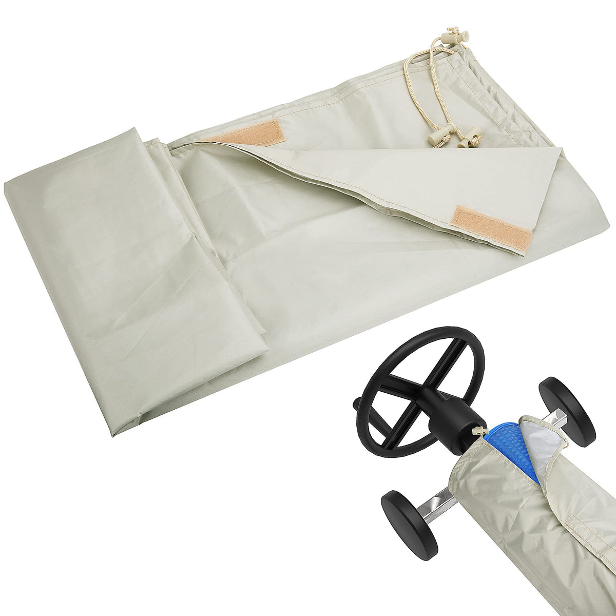 Codree solar reel cover protects a 20 ft pool reel from sun and wind.