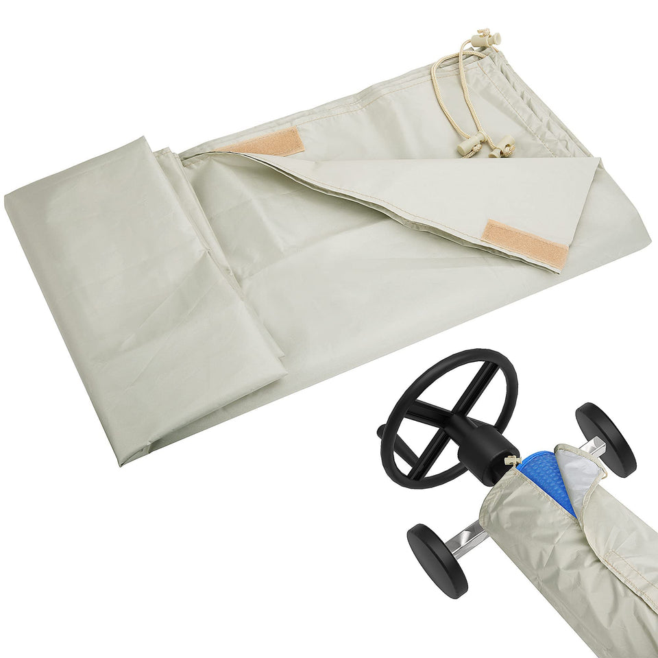 Codree solar reel cover protects a 20 ft pool reel from sun and wind.