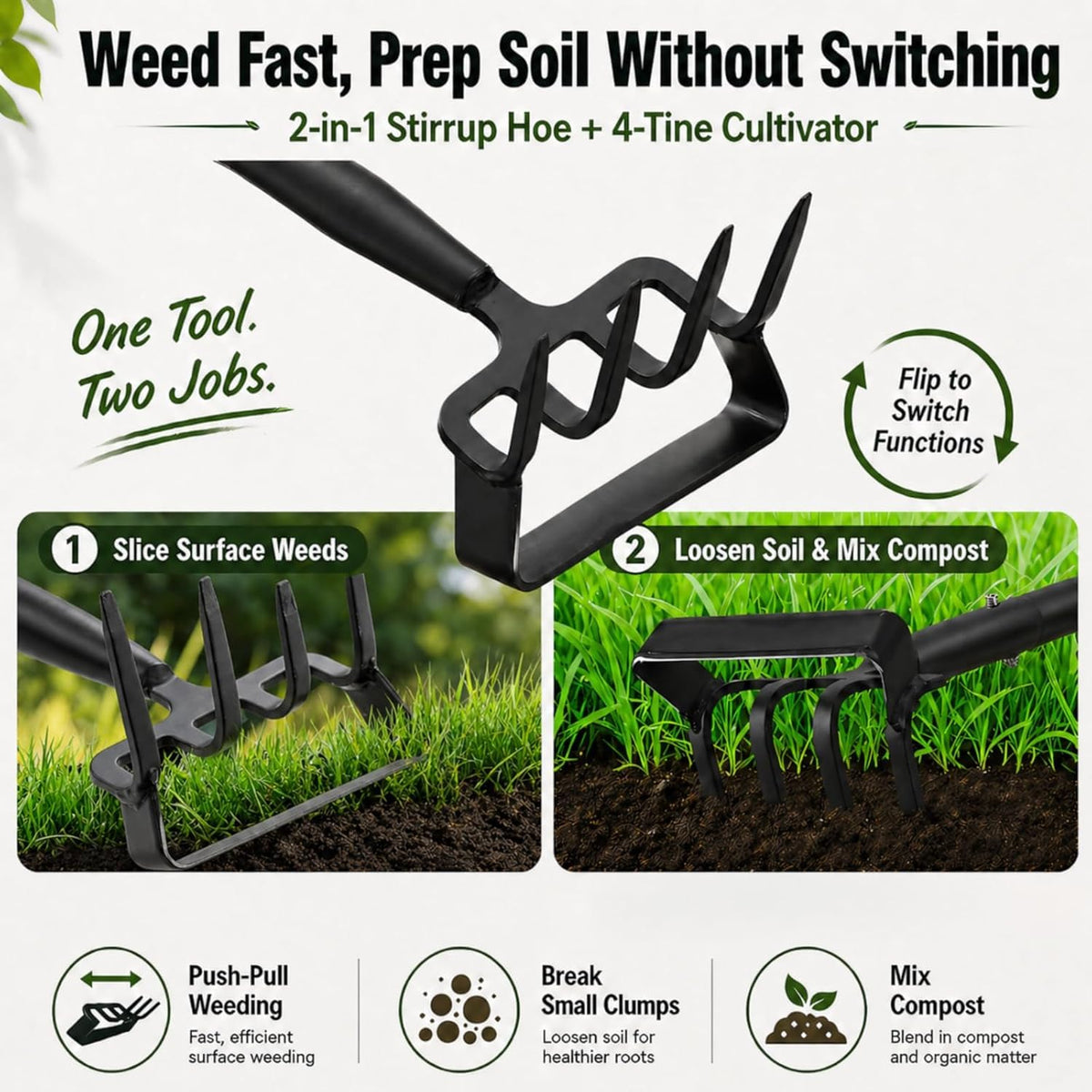 Cogardenshower 4-tine cultivator rake cleans soil and debris