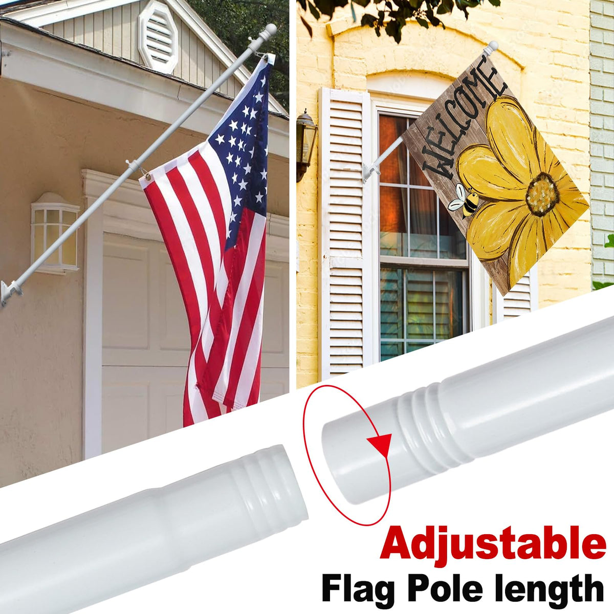 Cogardenshower adjustable flag sizes showing 2x3 ft, 3x5 ft, and 4x6 ft compatibility.