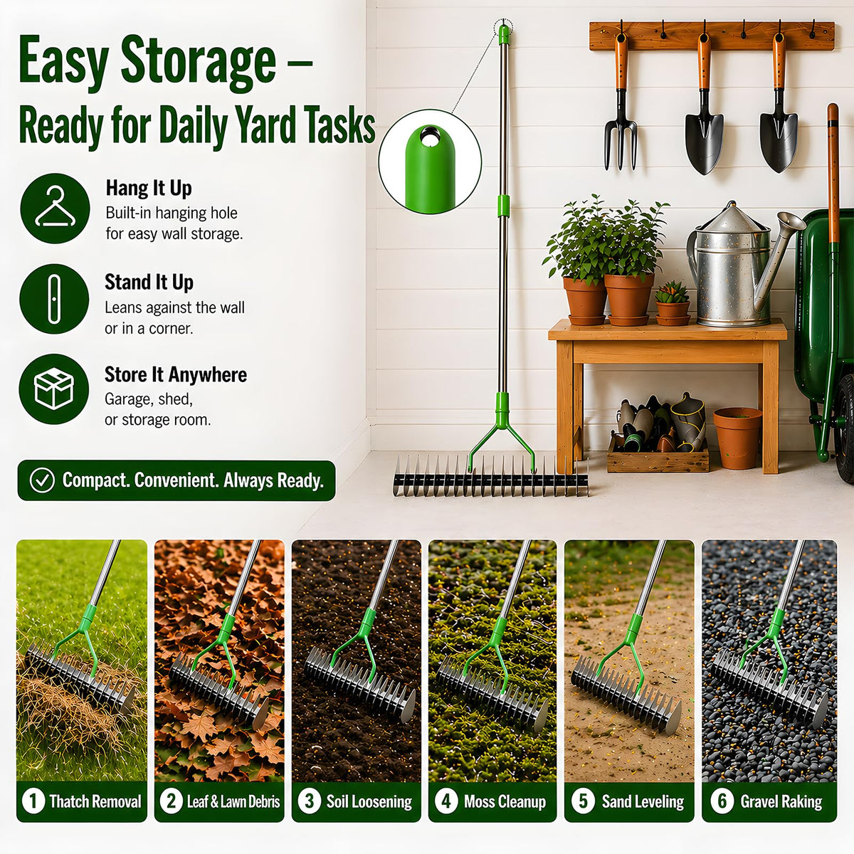 Cogardenshower adjustable-handle rake designed for comfortable lawn maintenance sessions.