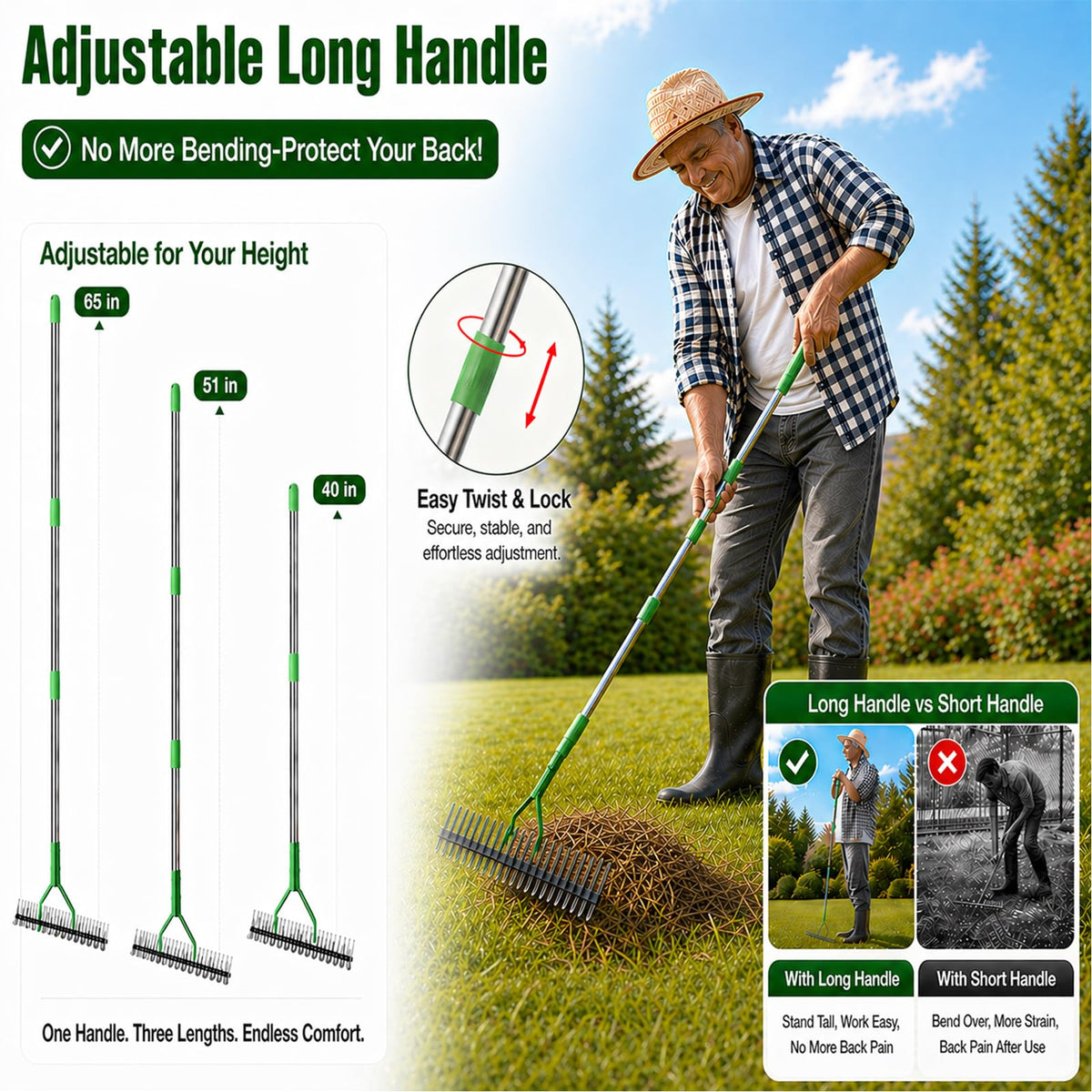 Cogardenshower dethatching rake with 11-tine side for light surface cleanup and maintenance.