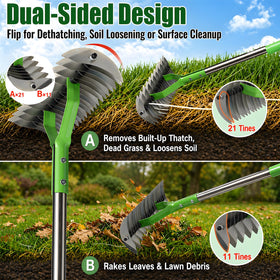 Cogardenshower dethatching rake showing the 21-tine side for removing dead grass and improving airflow.