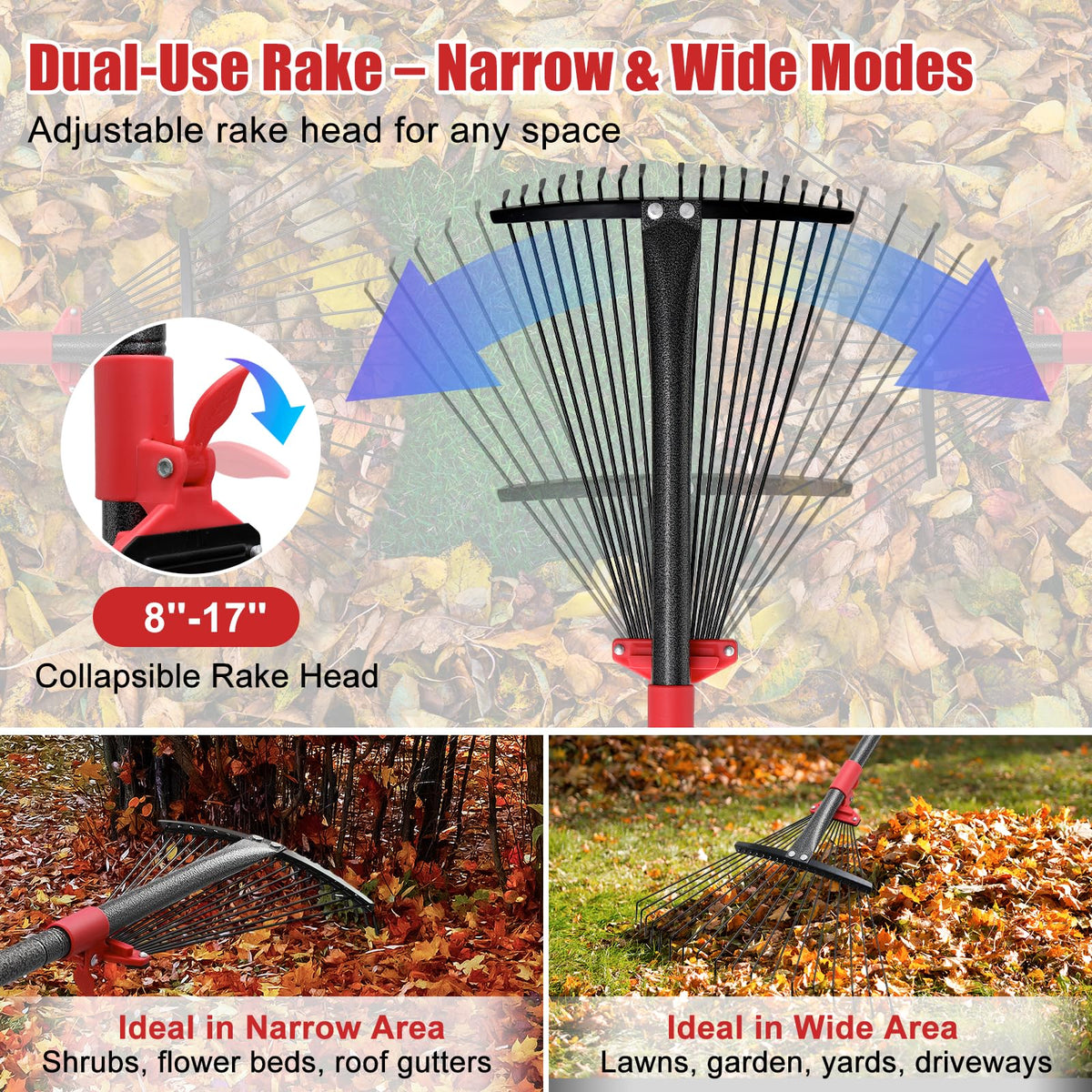 Cogardenshower extendable rake head at 17 inches for fast, broad leaf collection