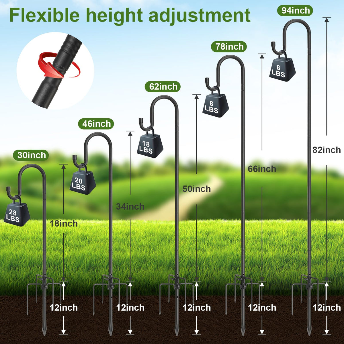 Cogardenshower five-prong base anchors securely into soil.