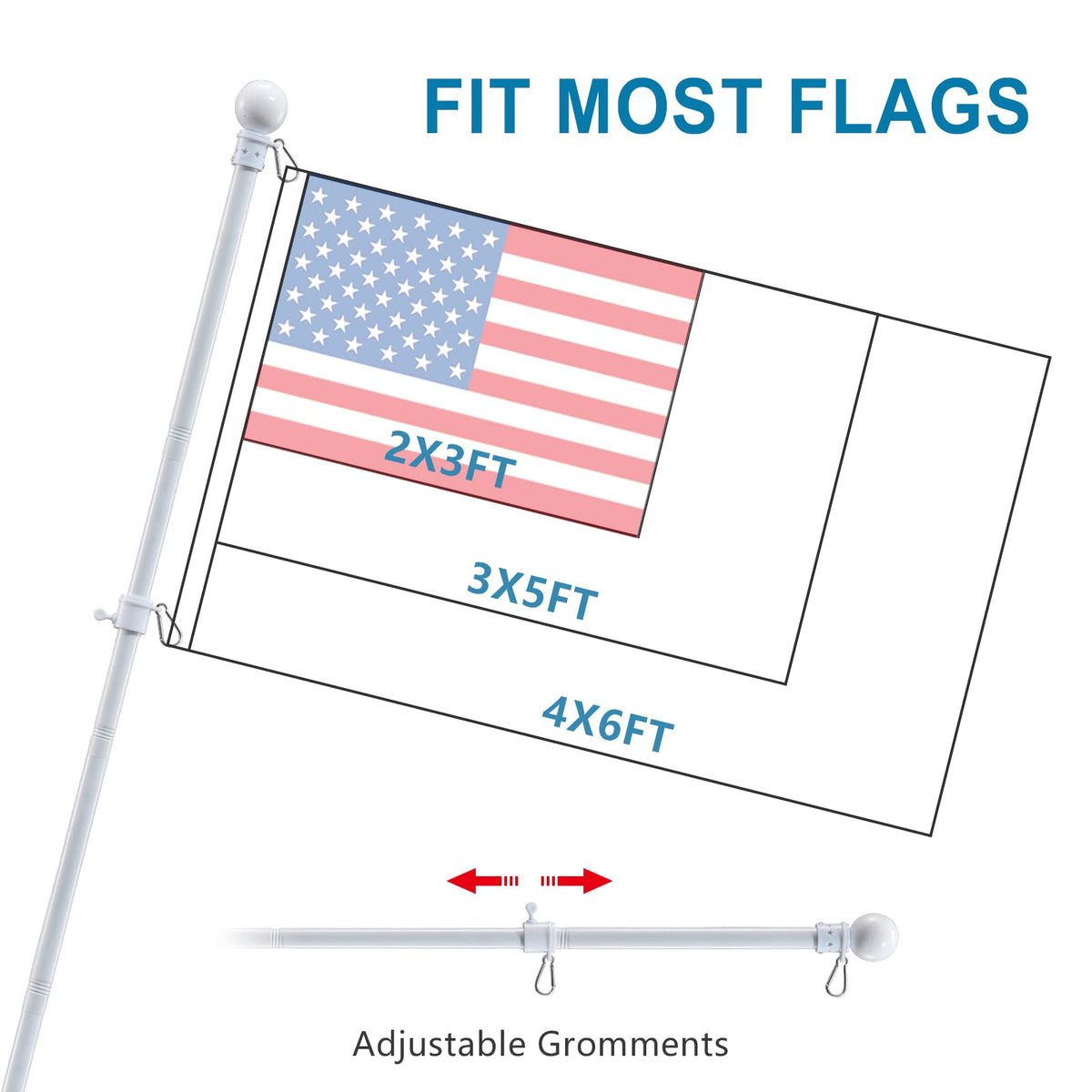 Cogardenshower grommet-fit system accommodates 2x3, 3x5, and 4x6 flags for clean hangs.