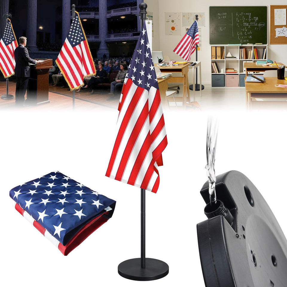 cogardenshower indoor flag pole base stabilizes displays on smooth floors.