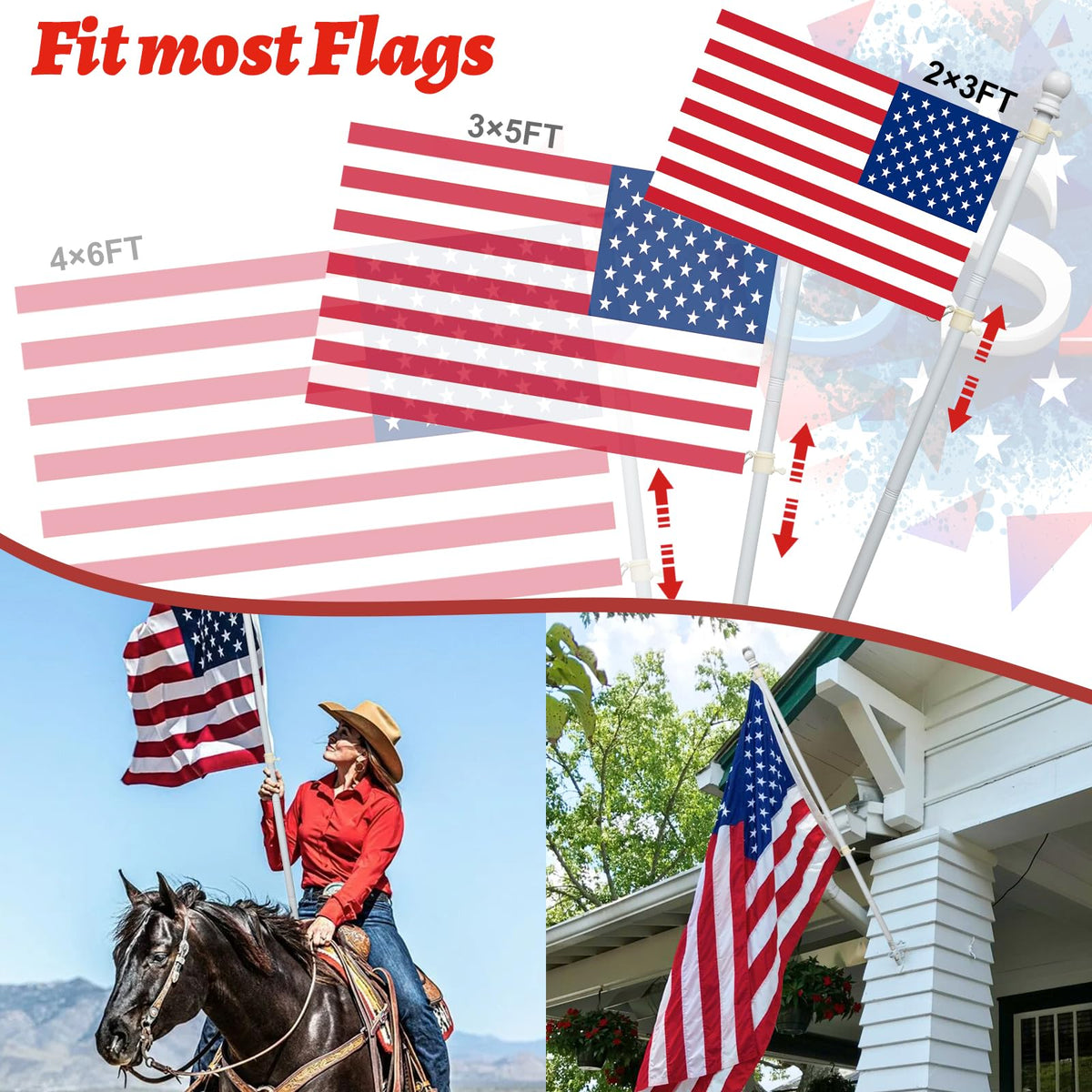 Cogardenshower universal-fit flag pole supports 2x3 and 3x5 flags with ease.