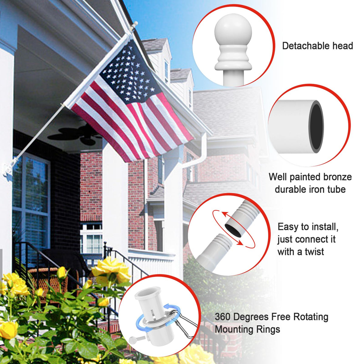 Cogardenshower wall-mount flag pole enables secure porch or wall decor.