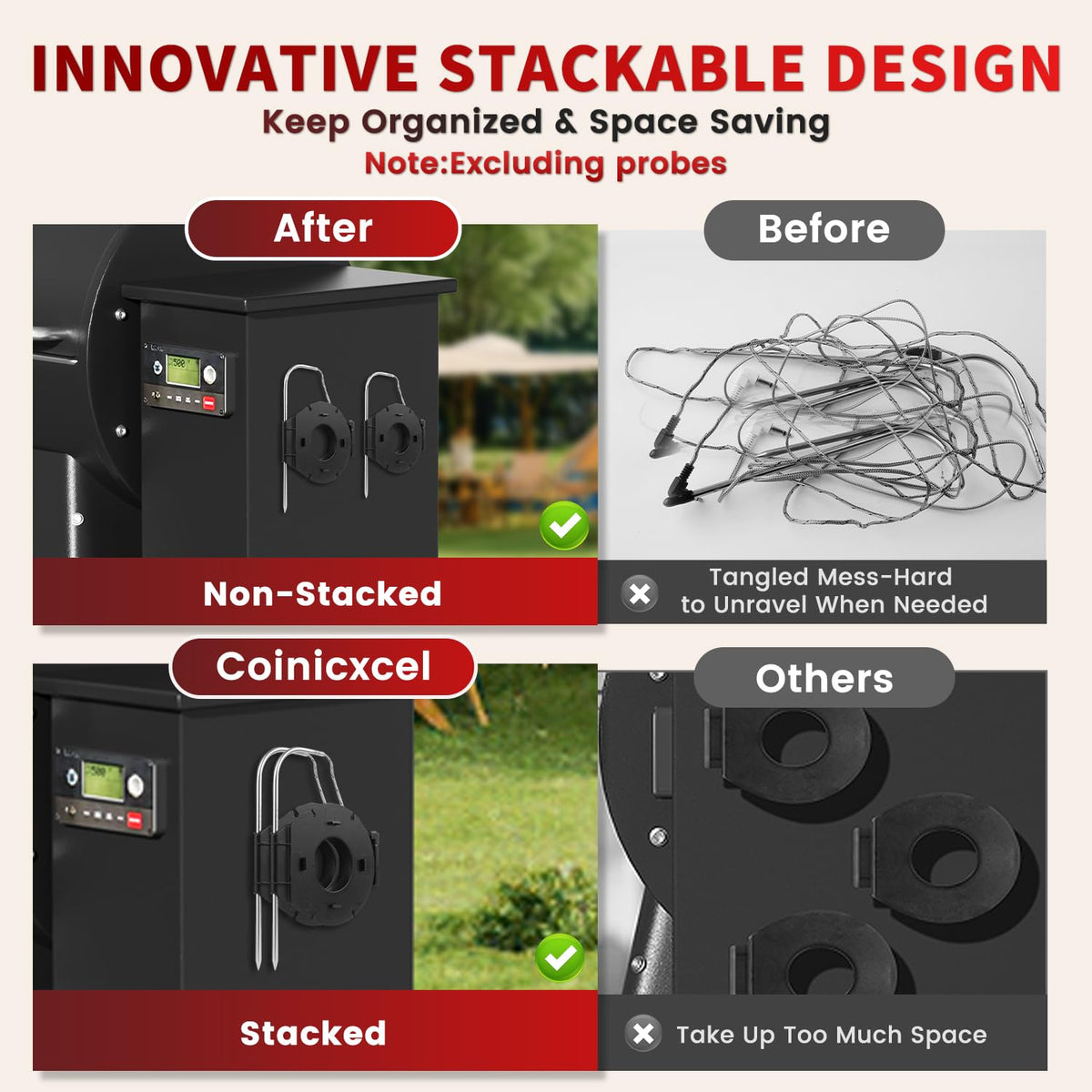 Coinicxcel meat probe organizer magnetic-hold ensures secure attachment for quick access.