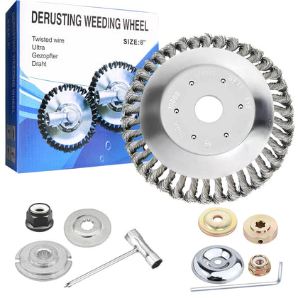 Cokacot 8-inch steel wire wheel brush head removes dense weeds along sidewalks