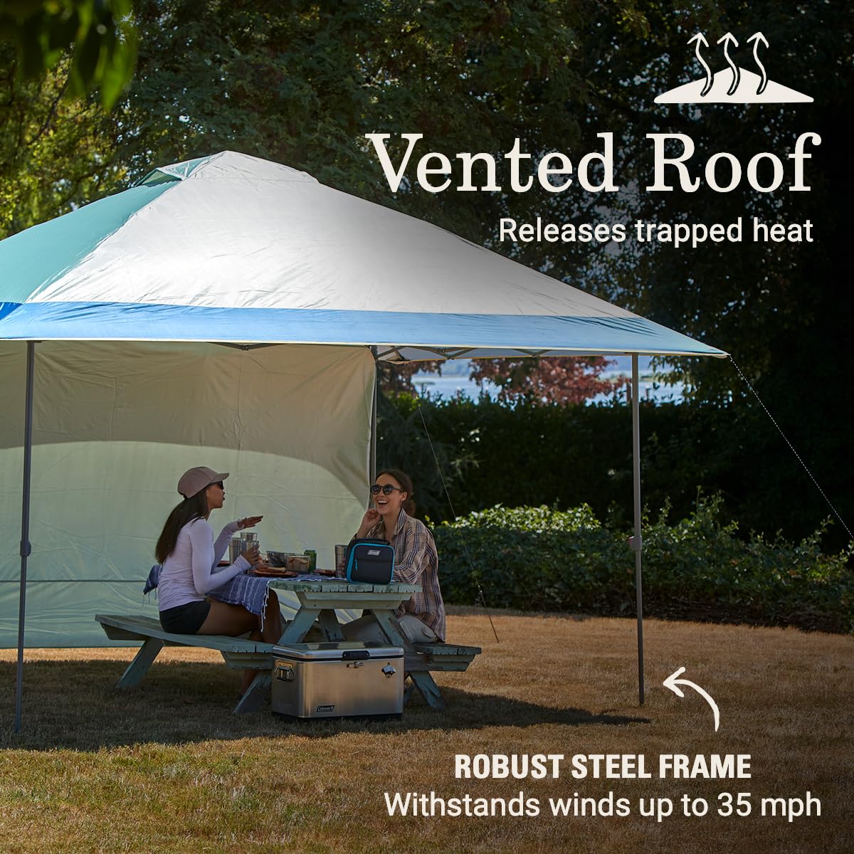 Coleman Oasis overhanging eaves create extended shade for lounging and gear placement.