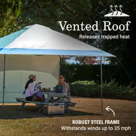 Coleman Oasis overhanging eaves create extended shade for lounging and gear placement.