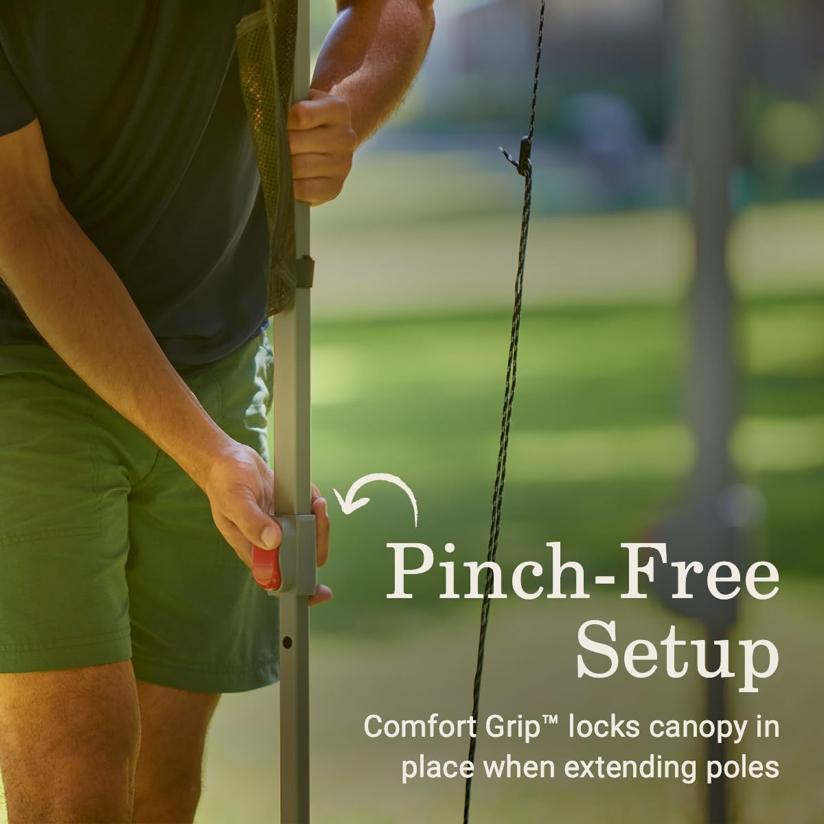 Coleman Oasis pinch-free setup highlights comfortable, tool-free frame locking.