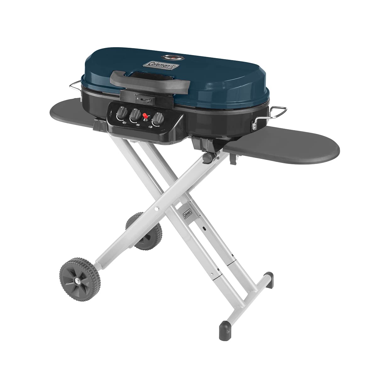 Coleman RoadTrip 285 side view shows compact stand and burners for easy outdoor cooking.