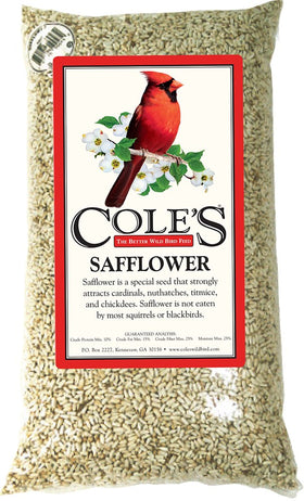 Cole's SA05 safflower seed bag front view attracting cardinals and other songbirds.
