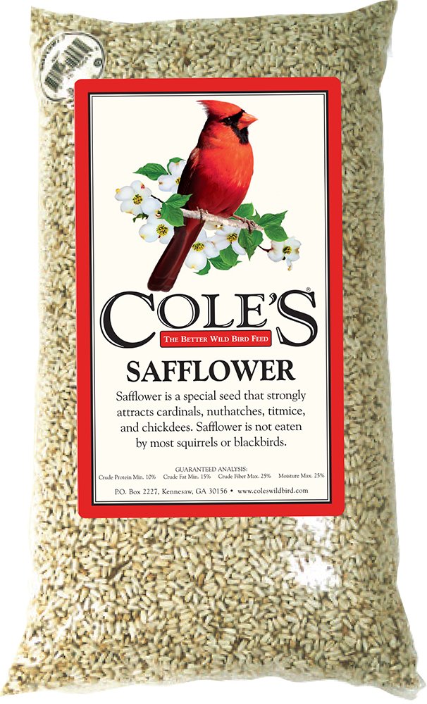 Cole's SA05 safflower seed bag front view attracting cardinals and other songbirds.