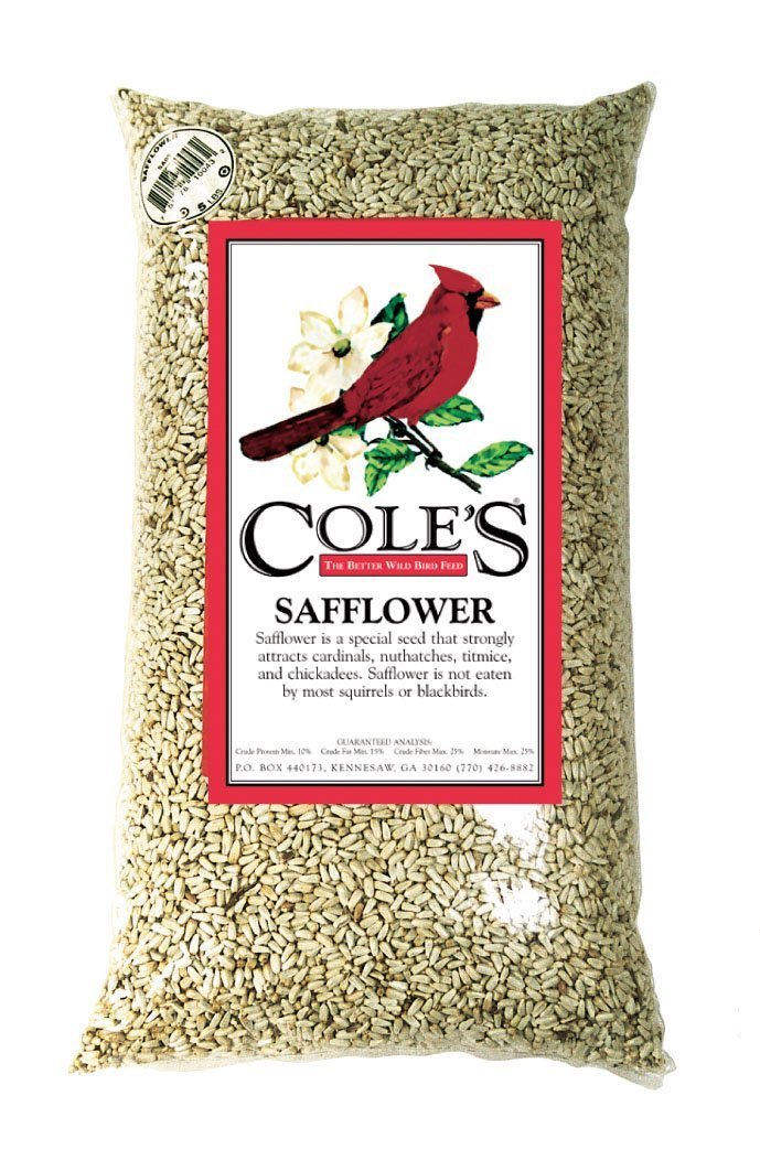 Cole's SA10 safflower seed bag in feeder attracting cardinals and chickadees.