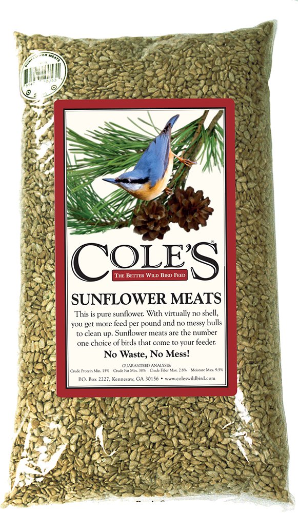 Cole's The Better Wild Bird Feed Sunflower Meats 20 lb bag; no shells for cleaner balconies.