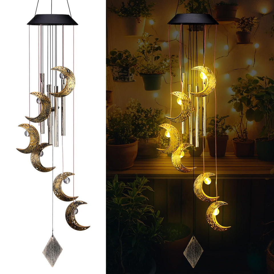 Colingmill Moon wind chime outdoors glows, enhancing night ambiance.