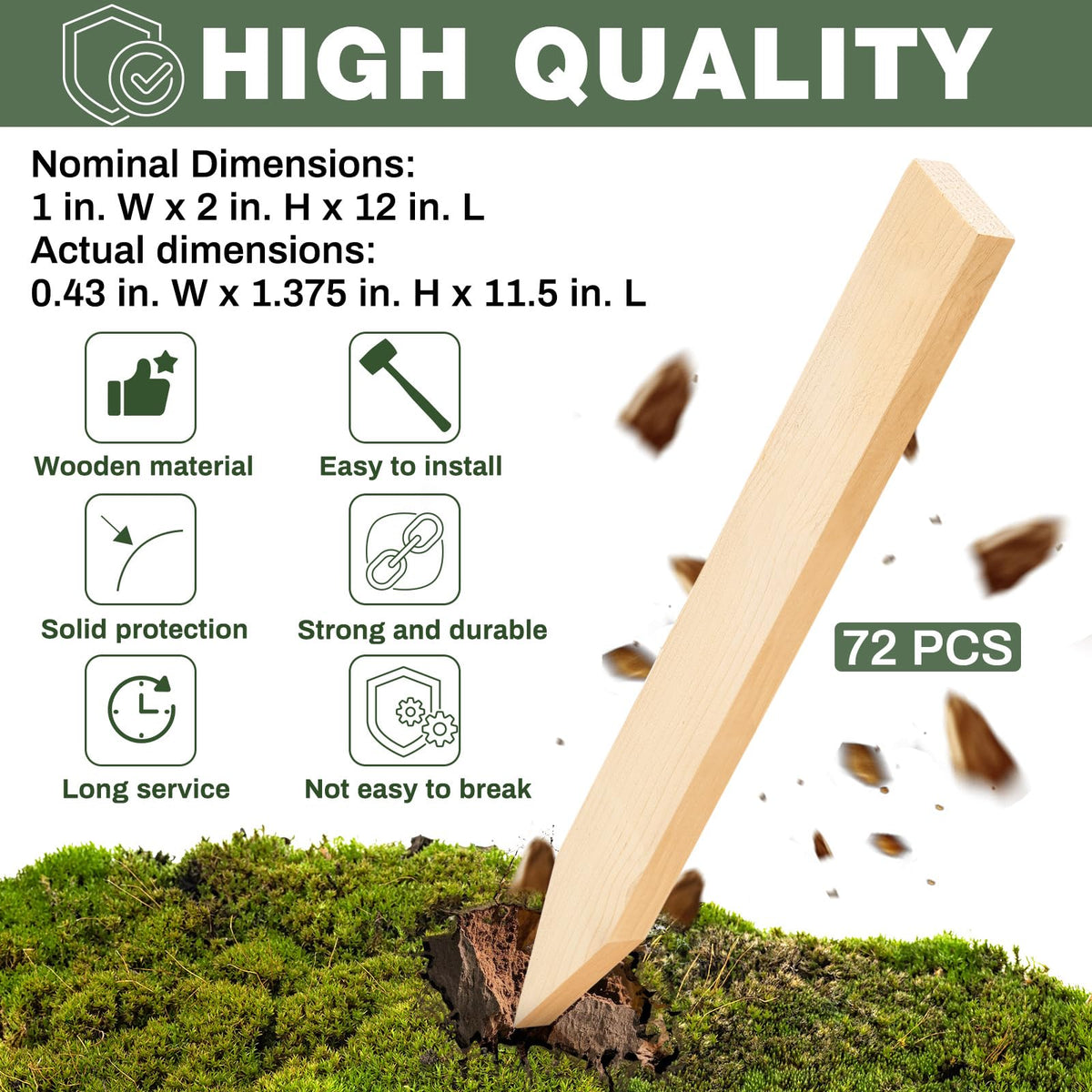 Colingmill smooth-tip wooden stake ideal for easy soil insertion.