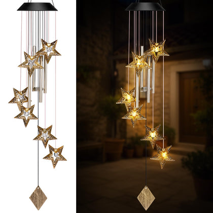 Colingmill star wind chimes outdoors with warm glow enhancing garden ambiance