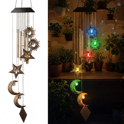 Colingmill sun-moon-star wind chime outdoors with colorful glow for patio.