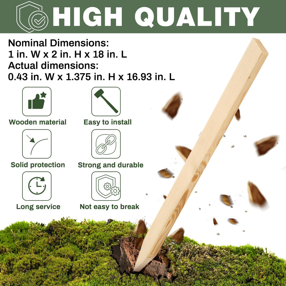 Colingmill wooden stake 18inch side view showing durable construction.
