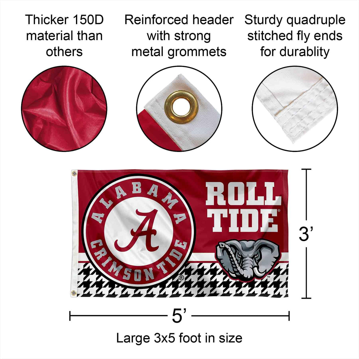 College Flags & Banners Co. Alabama Crimson Tide 3x5 banner flag back view with double sided visibility.