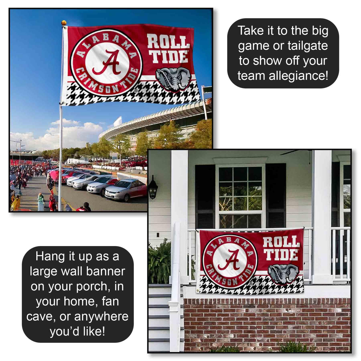 College Flags & Banners Co. Alabama Crimson Tide polyester 150d material enhances weather resistance.
