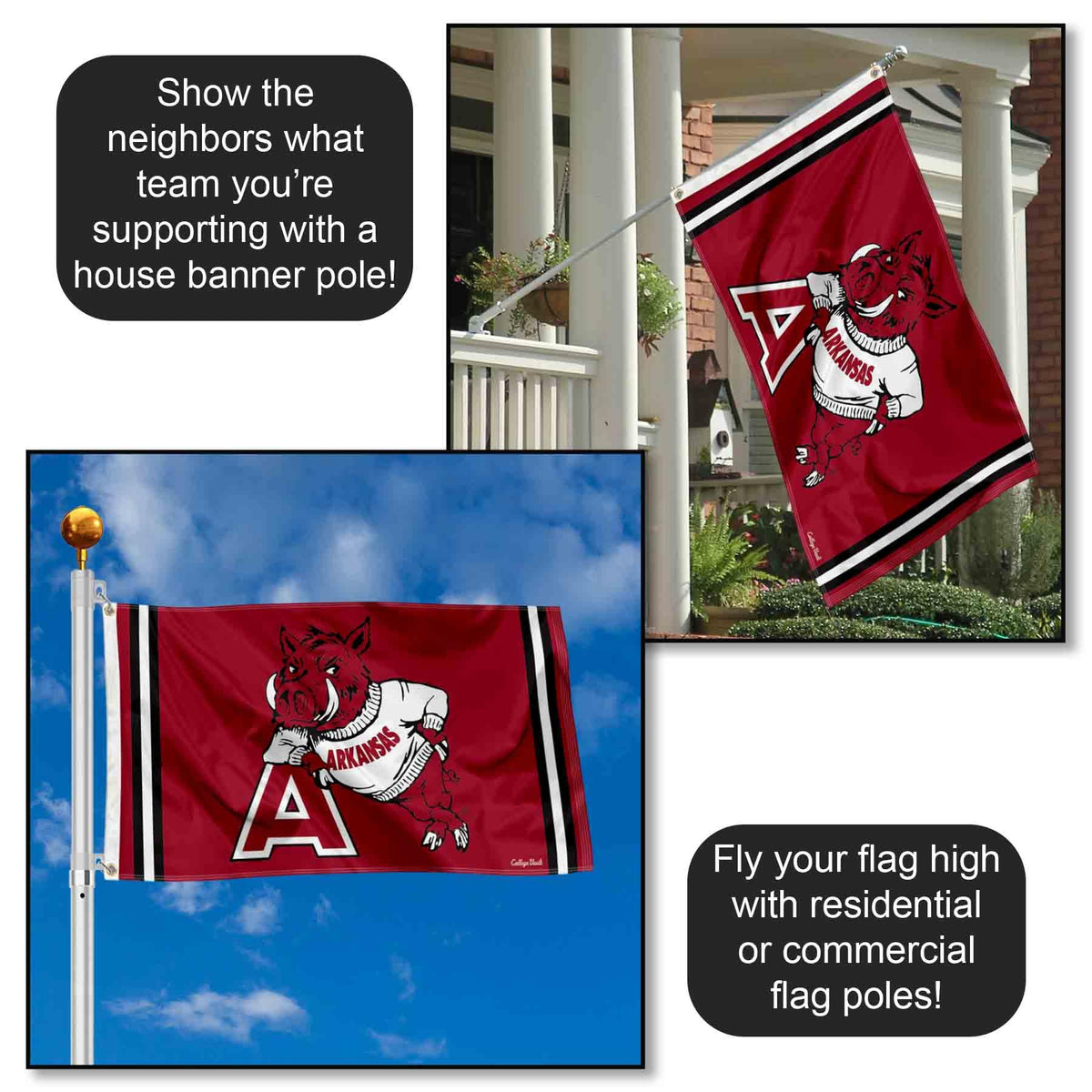 Double-sided Razorbacks banner by College Flags and Banners Co with clear side-to-side visibility
