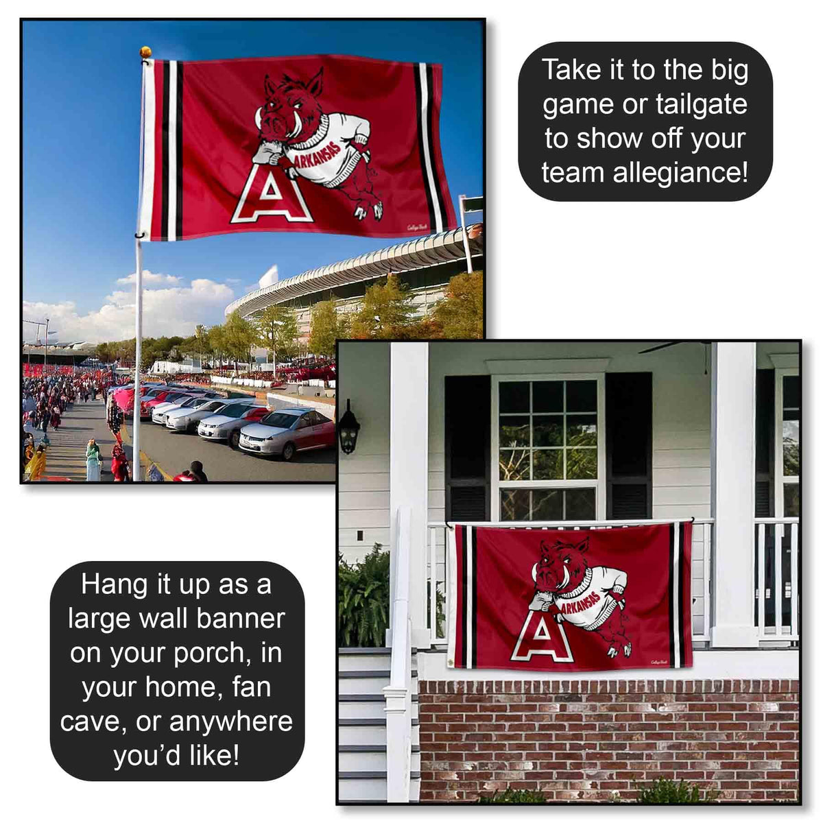 Screen printed Razorbacks logo banner featuring durable polyester and reinforced stitching