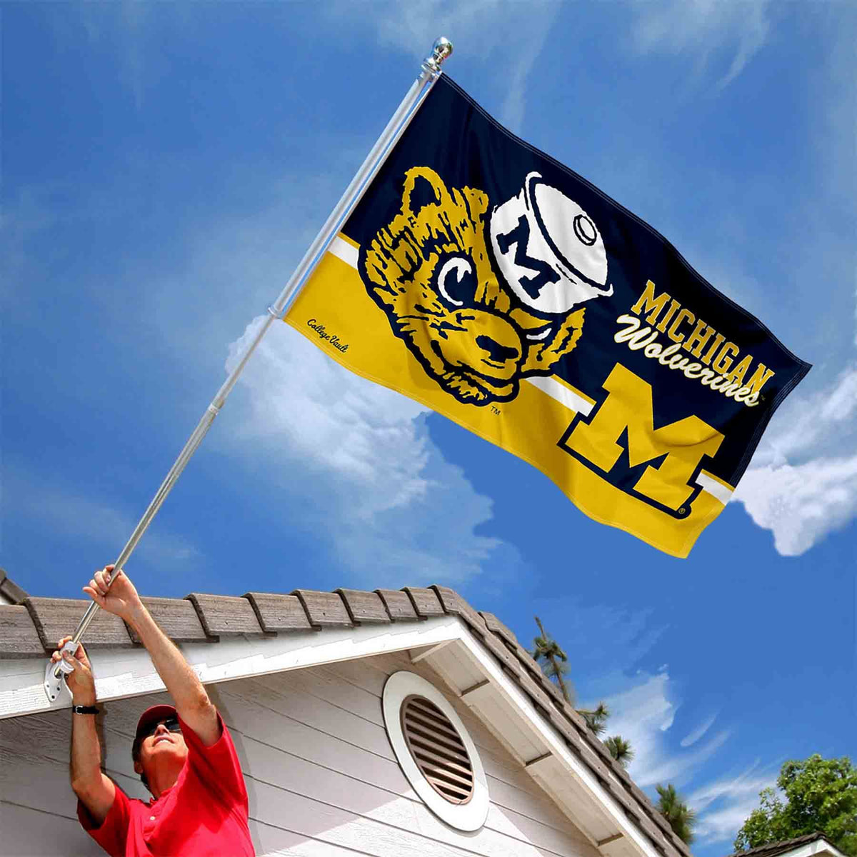 College Flags & Banners Co. Michigan Wolverines 3x5 banner flag back view showing reverse logo