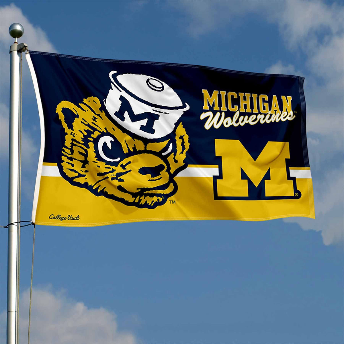 College Flags & Banners Co. Michigan Wolverines crest logo closeup for official decorative use
