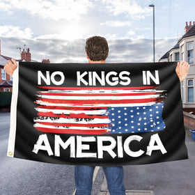 Colorato No Kings flag displayed on porch for bold curb appeal.