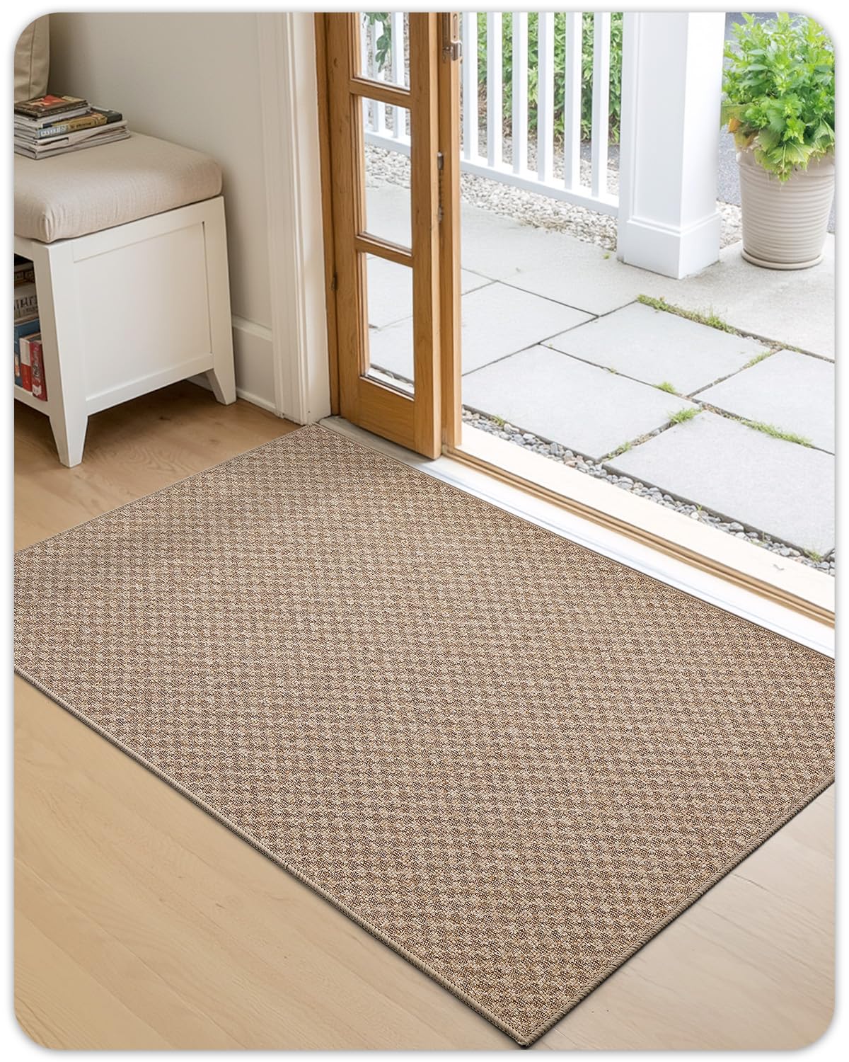 Color&Geometry khaki front door mat complements outdoor and indoor spaces.