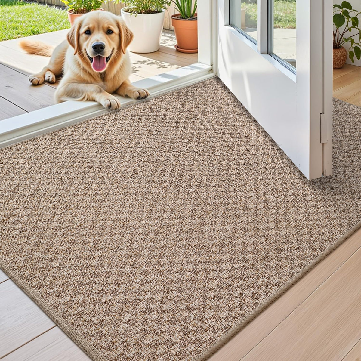 Color&Geometry thin front door mat, rolled flat with no creases, easy setup.