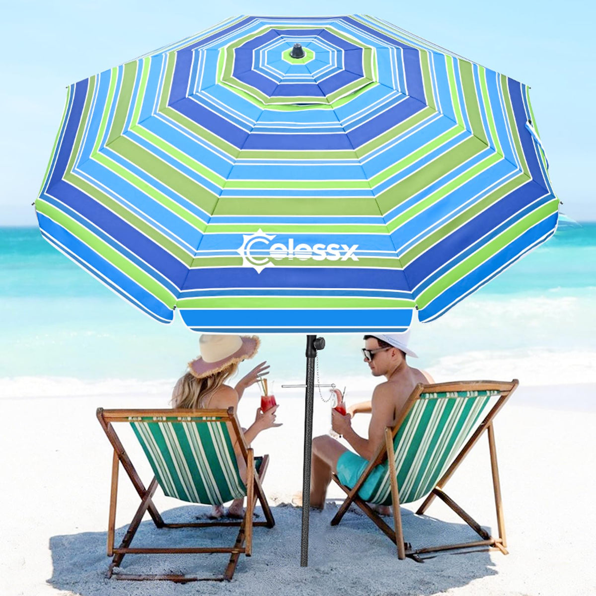 Colossx 8.5ft beach umbrella offering broad shade for groups.