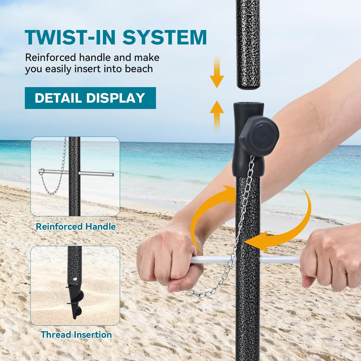 Colossx twist handle enables quick anchoring in sand.