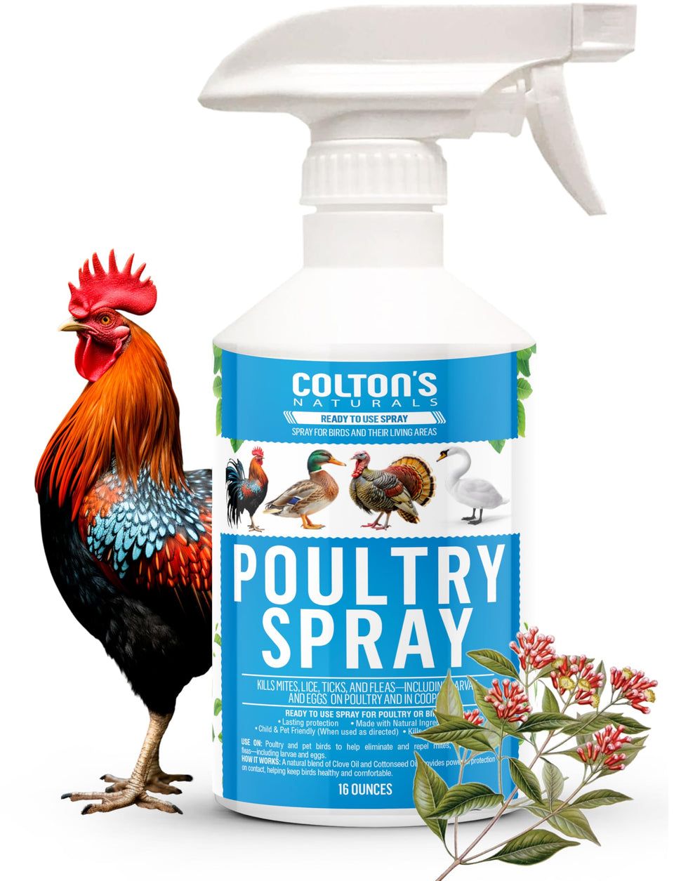 Colton's Naturals Poultry Spray bottle 16oz showing plant-based formula for backyard flocks