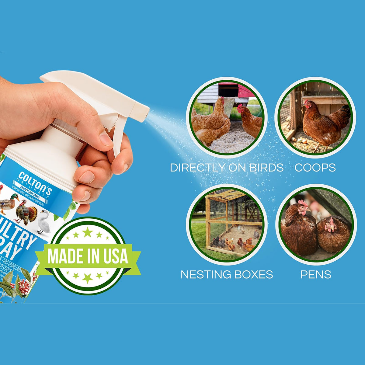 Colton's Naturals Poultry Spray applied in a coop for safe coverage of coops