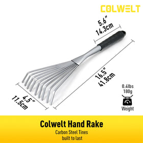 Colwelt metal mini rake with 9 flat tines for efficient leaf cleanup.