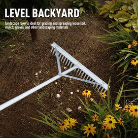 Colwelt rake narrow-side for finer leveling of soil patches.