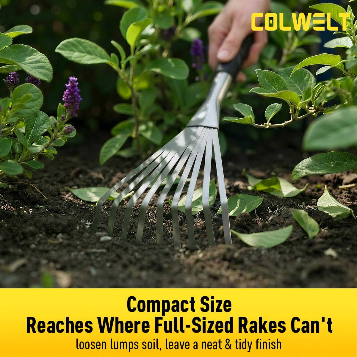 Colwelt hand rake with anti-rust coating supports durability in garden tasks.