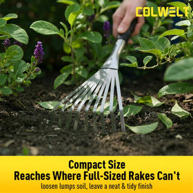 Colwelt hand rake with anti-rust coating supports durability in garden tasks.