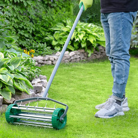 Durable galvanized steel construction of Colwelt spike lawn aerator for long-term use.